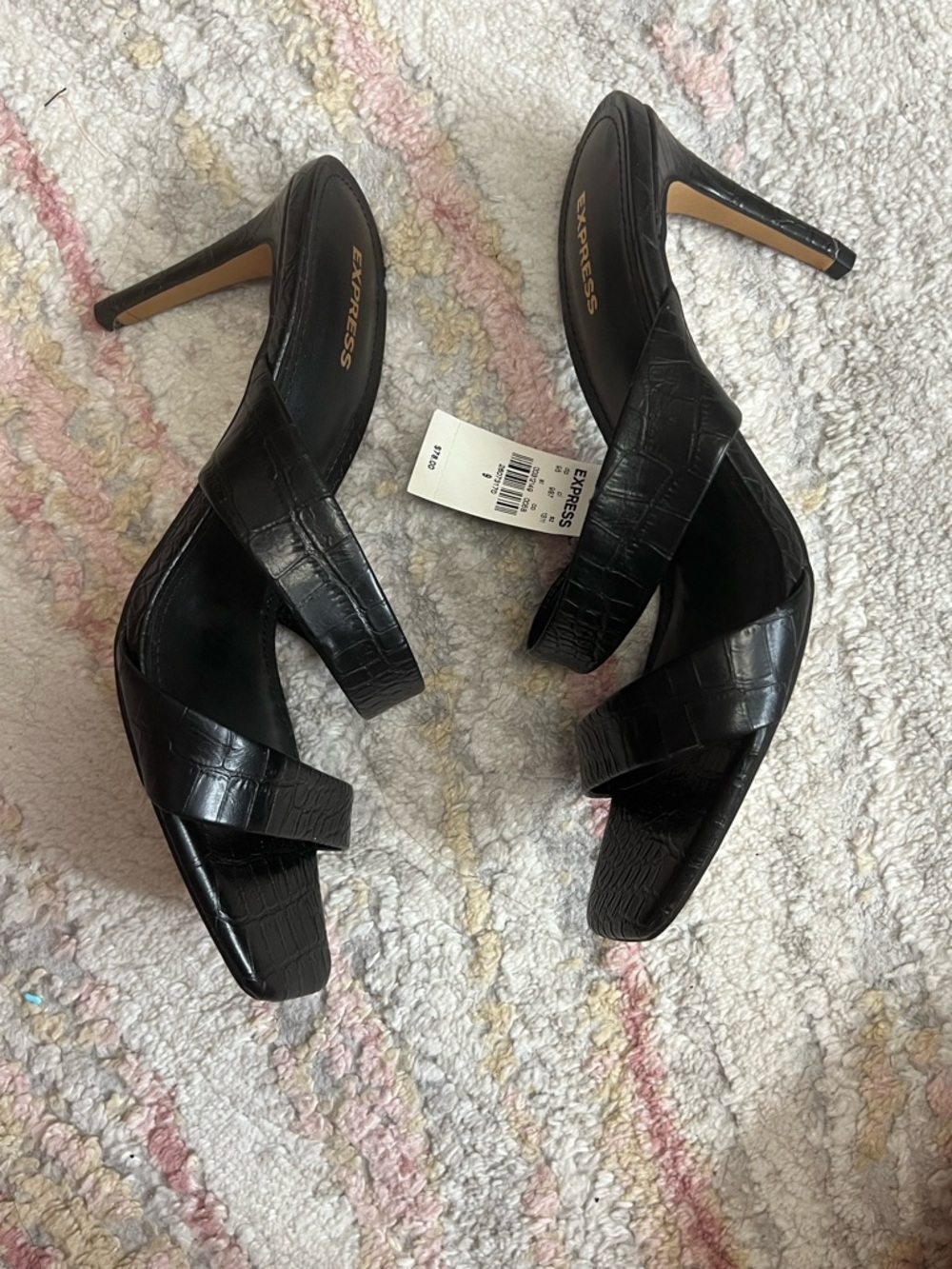Express Black Croc-Embossed Crisscross Heeled Sandals